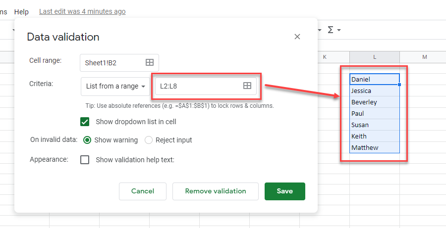 dropdown gs amend range