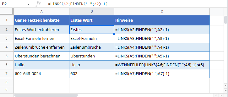 erstes wort ermitteln google sheets