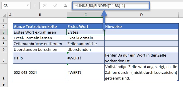 erstes wort ermitteln links finden funktion