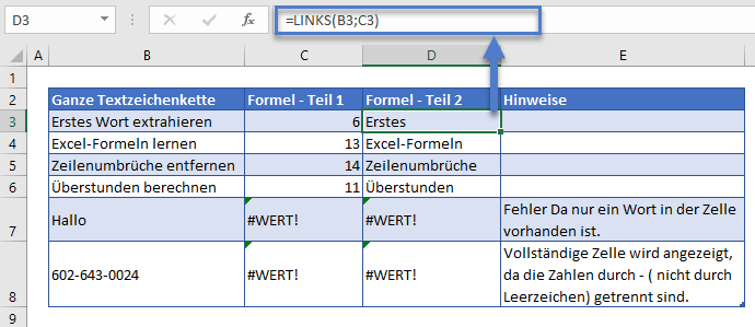 erstes wort ermitteln links funktion