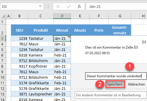 excel Kommentar bearbeiten