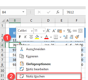 excel Notiz löschen