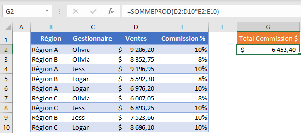 exemple fonction sommeprod simple