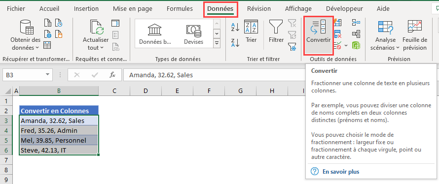 fonction convertir texte en colonne etape 1