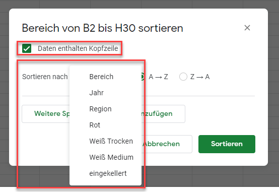 fortgeschrittenes sortieren gs sortieren Optionen