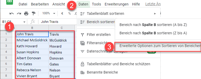 google sheets Bereich sortieren 1 1