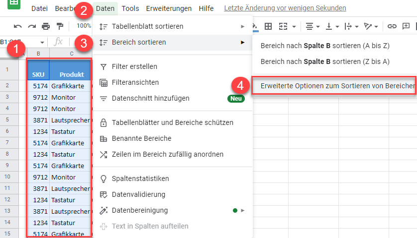 google sheets Bereich sortieren 1a