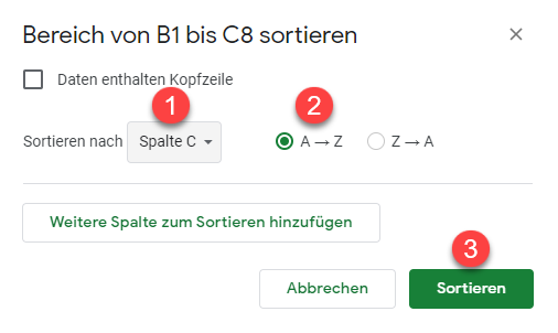 google sheets Bereich sortieren 2