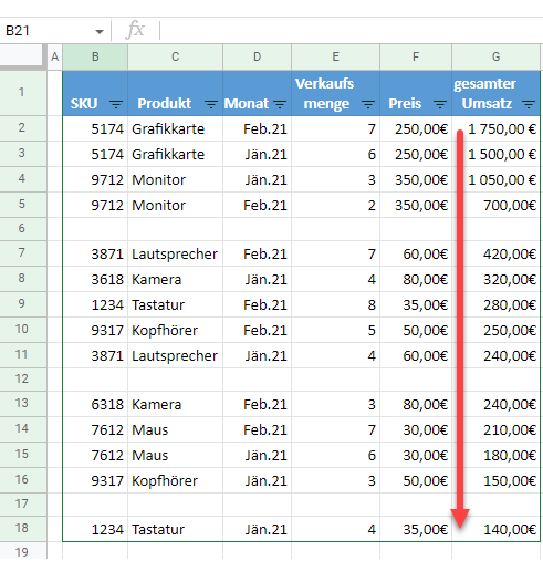 google sheets Daten sortieren Leerzeilen ignorieren 1