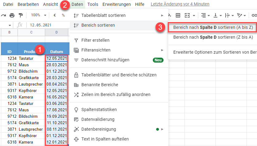 google sheets Datum sortieren aufsteigend 1a