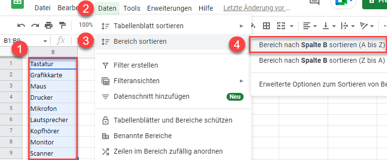 google sheets Dinge alphabetisch sortieren