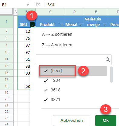 google sheets Filter Leerzeilen 1