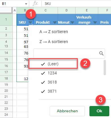 google sheets Filter löschen 1