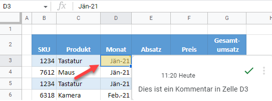 google sheets Kommentar anzeigen 1