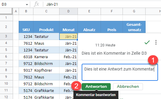 google sheets Kommentar beantworten 2