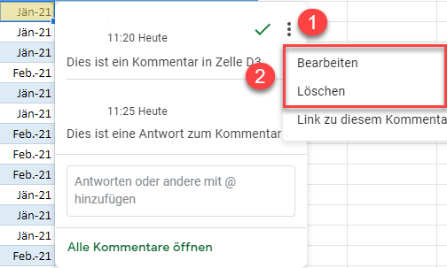 google sheets Kommentar bearbeiten löschen