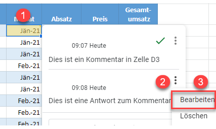 google sheets Kommentar bearbeiten