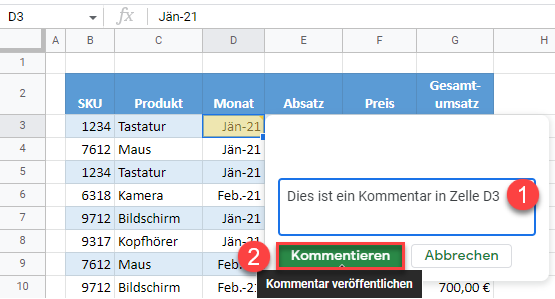 google sheets Kommentar einfügen 2 1