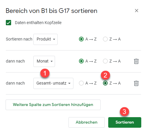 google sheets Kriterien sortieren