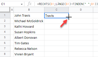 google sheets Nachname ziehen Formel 1