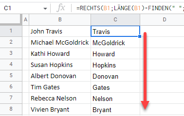 google sheets Nachname ziehen Formel 2a