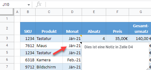 google sheets Notiz