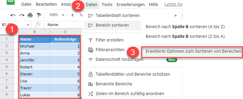 google sheets Reihenfolge umkehren 1