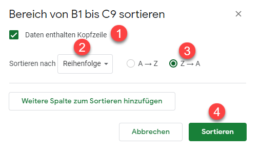 google sheets Reihenfolge umkehren 2