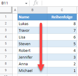 google sheets Reihenfolge umkehren 3