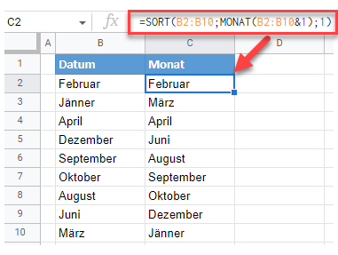 google sheets Text sortieren nach Monaten 1