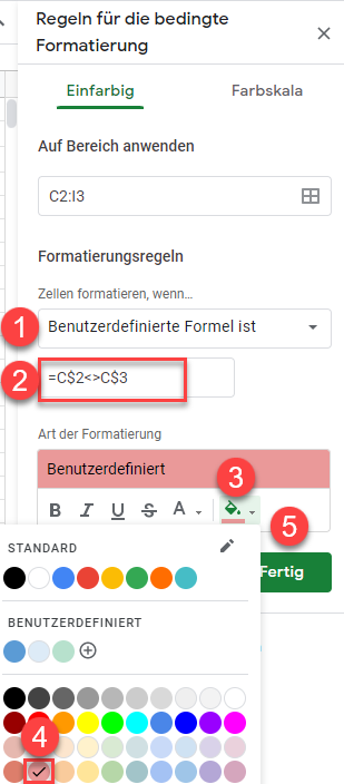 google sheets Zwei Reihen vergleichen Formatierung 2