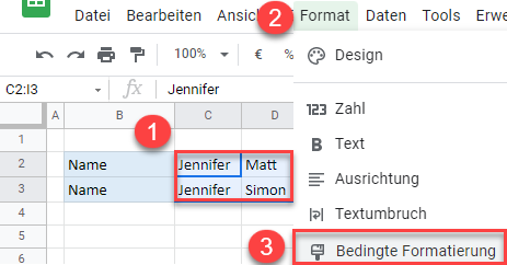 google sheets Zwei Reihen vergleichen Formatierung