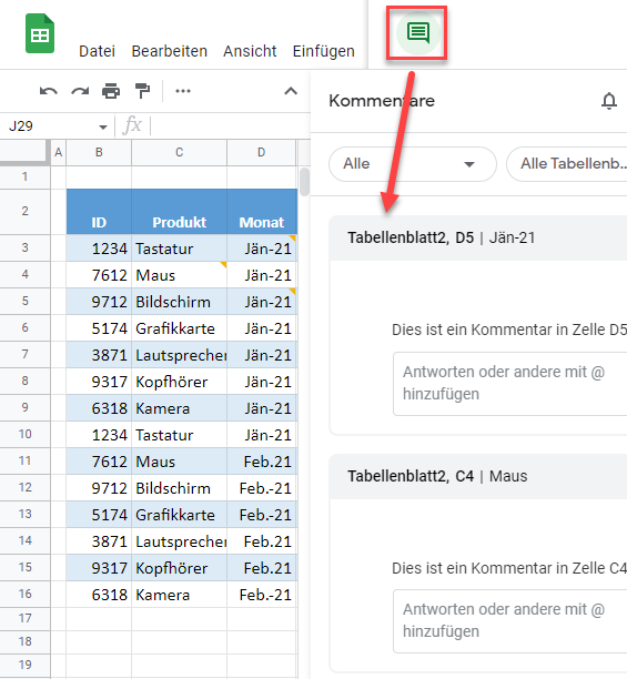 google sheets alle Kommentare anzeigen