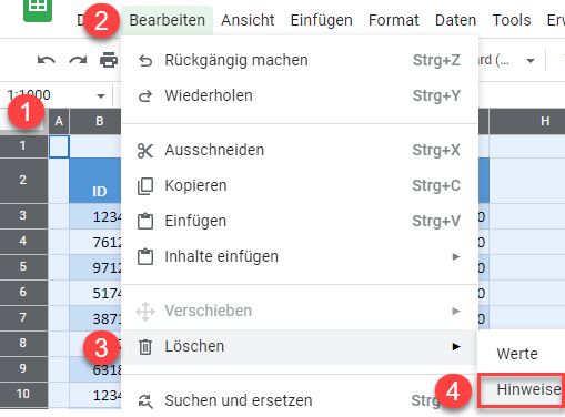 google sheets alle Notizen löschen 2