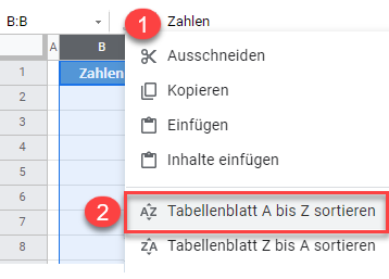 google sheets nach Spalte Option 1a