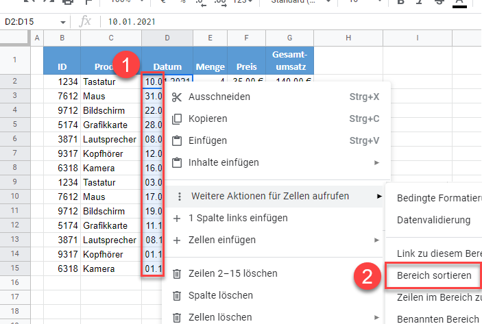 google sheets rechte Maustaste Bereich sortieren 1a