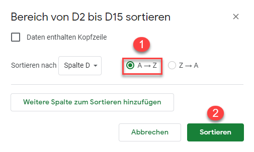 google sheets rechte Maustaste Bereich sortieren 2