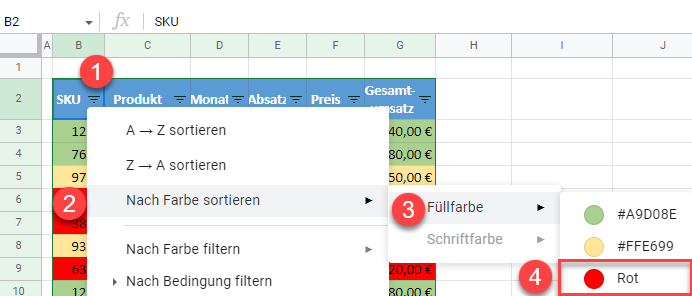 google sheets sortieren nach Farbe