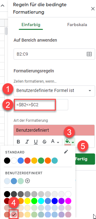 google sheets zwei Spalten vergleichen bedingte formatierung 2