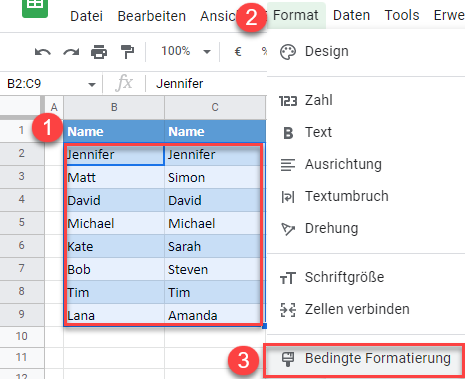 google sheets zwei Spalten vergleichen bedingte formatierung