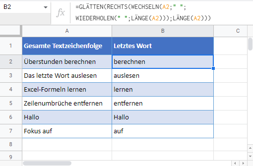 letztes wort extrahieren google sheets