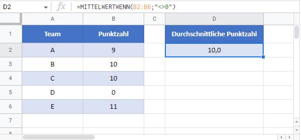 mittelwert 0 ignorieren google sheets