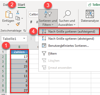 nach Zahlen sortieren Option 1a