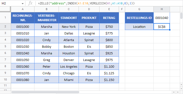 nachschlagen zellenadresse zurueckgeben google sheets