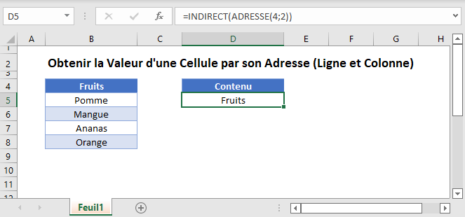 obtenir valeur cellule adresse ligne colonne fonction principale