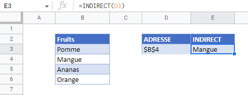 obtenir valeur fonction index indirect google sheets