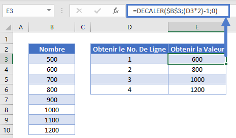 obtenir valeur ligne sur deux fonction decaler etape 2