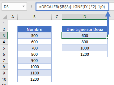 obtenir valeur ligne sur deux fonction decaler