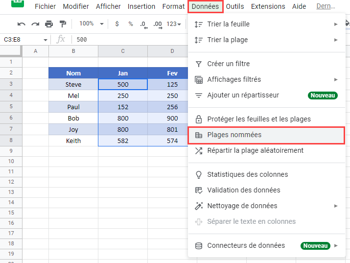 outil creation plages nommees google sheets