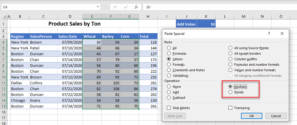 paste special excel multiply divide